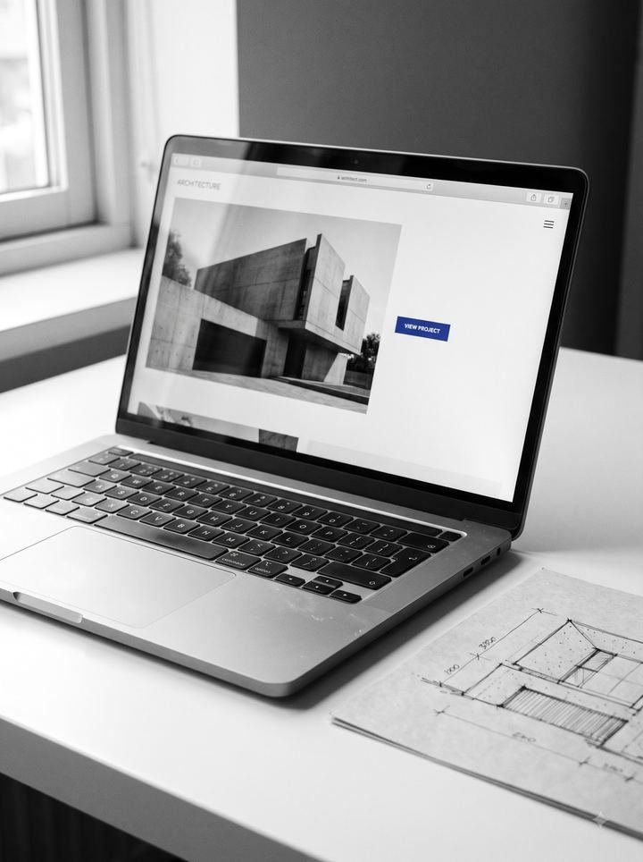 A laptop on a desk showing a black and white architecture website layout.