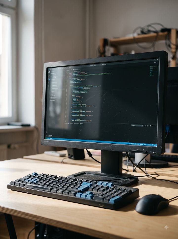 A developer workstation with a code editor open on the monitor.