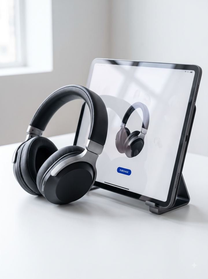 Headphones beside a tablet showing the same product with a purchase button.