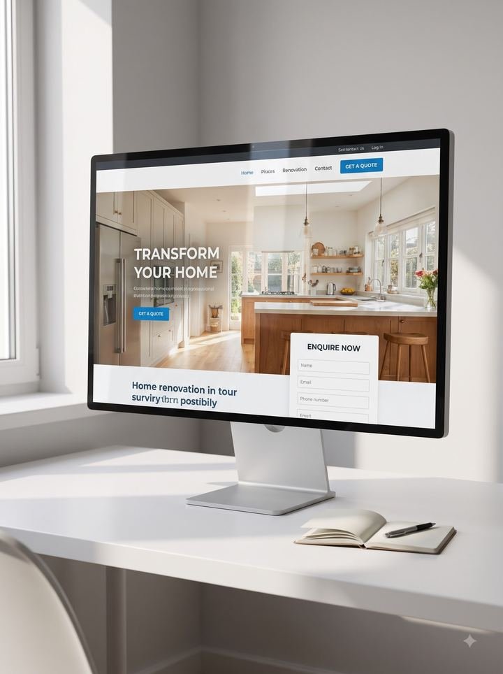 A monitor showing a home renovation landing page with an enquiry form.