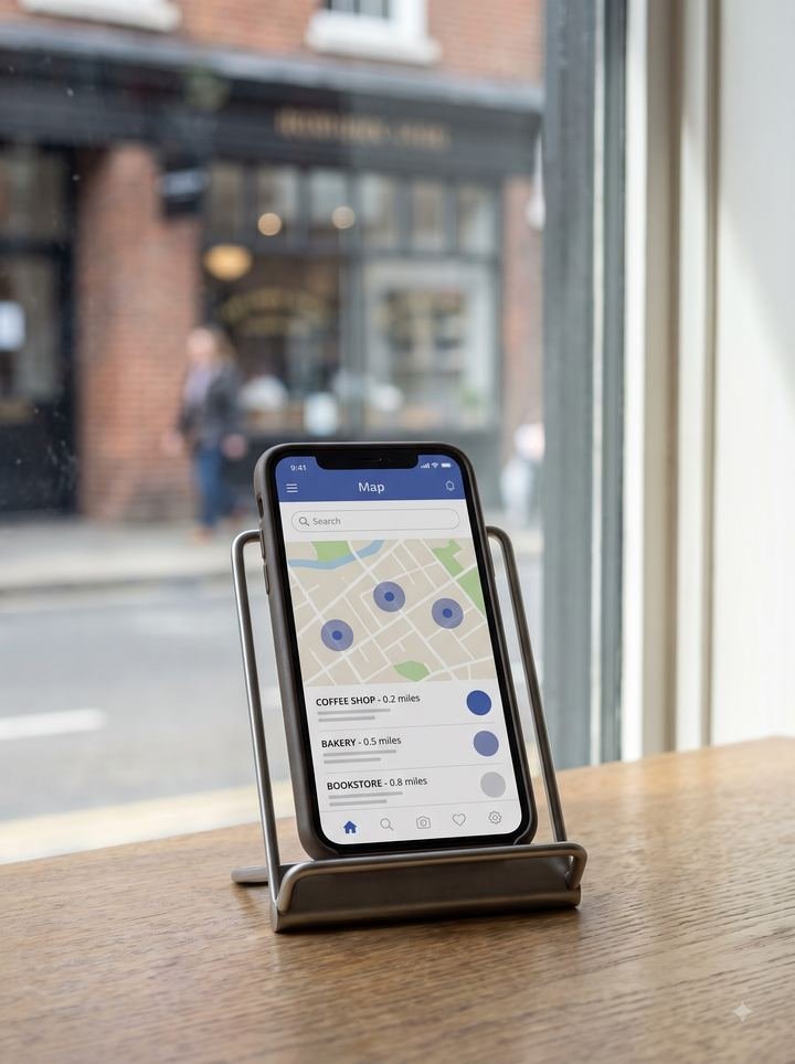 A phone showing a local map listing nearby shops with their distances.
