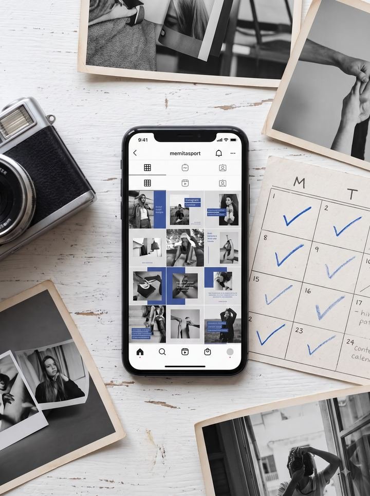 A phone showing a social feed grid beside printed photos and a content calendar.
