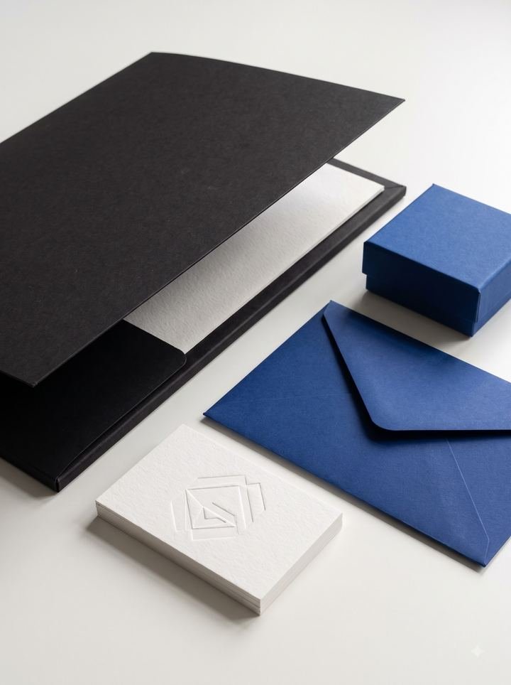 Black and blue brand stationery with an embossed mark on the business cards.