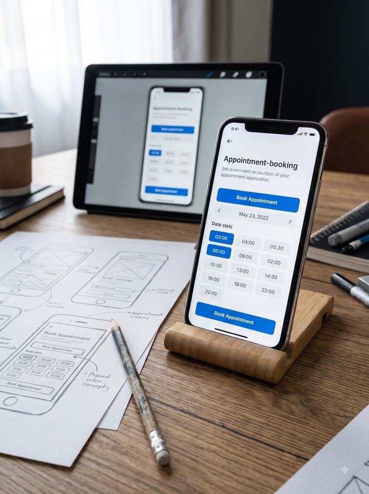 App wireframe sketches beside a tablet and a phone showing the finished booking screen.