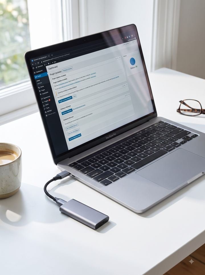 A laptop showing a site dashboard with plugin updates and database backups.